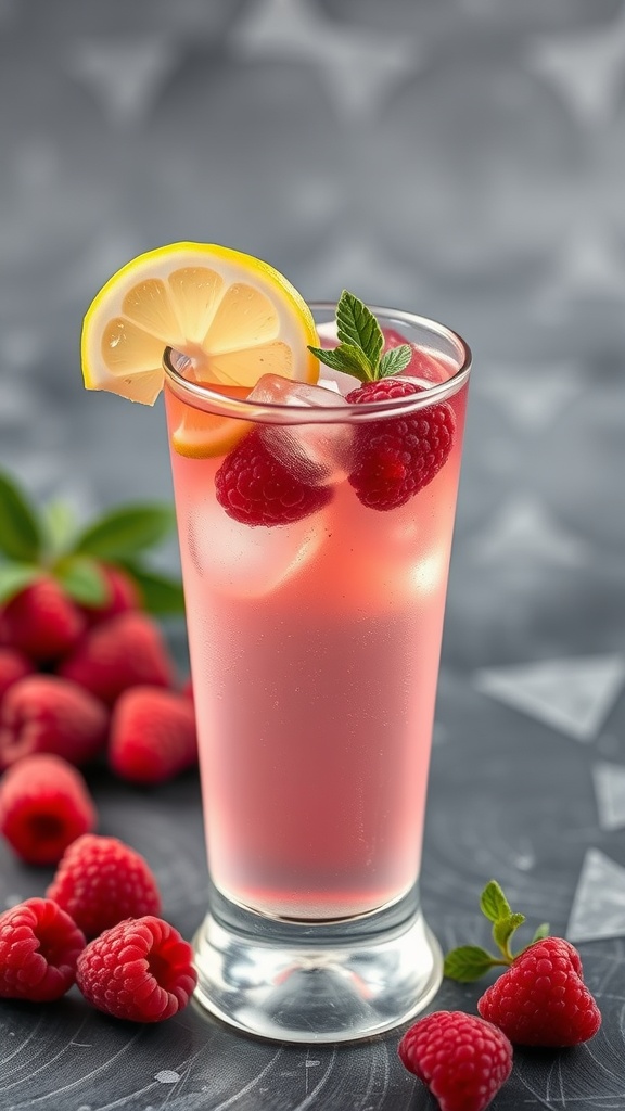 A refreshing Raspberry Lemon Vodka cocktail garnished with lemon and raspberries