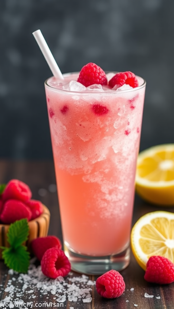 A refreshing Raspberry Lemonade Vodka Slush with mint garnish