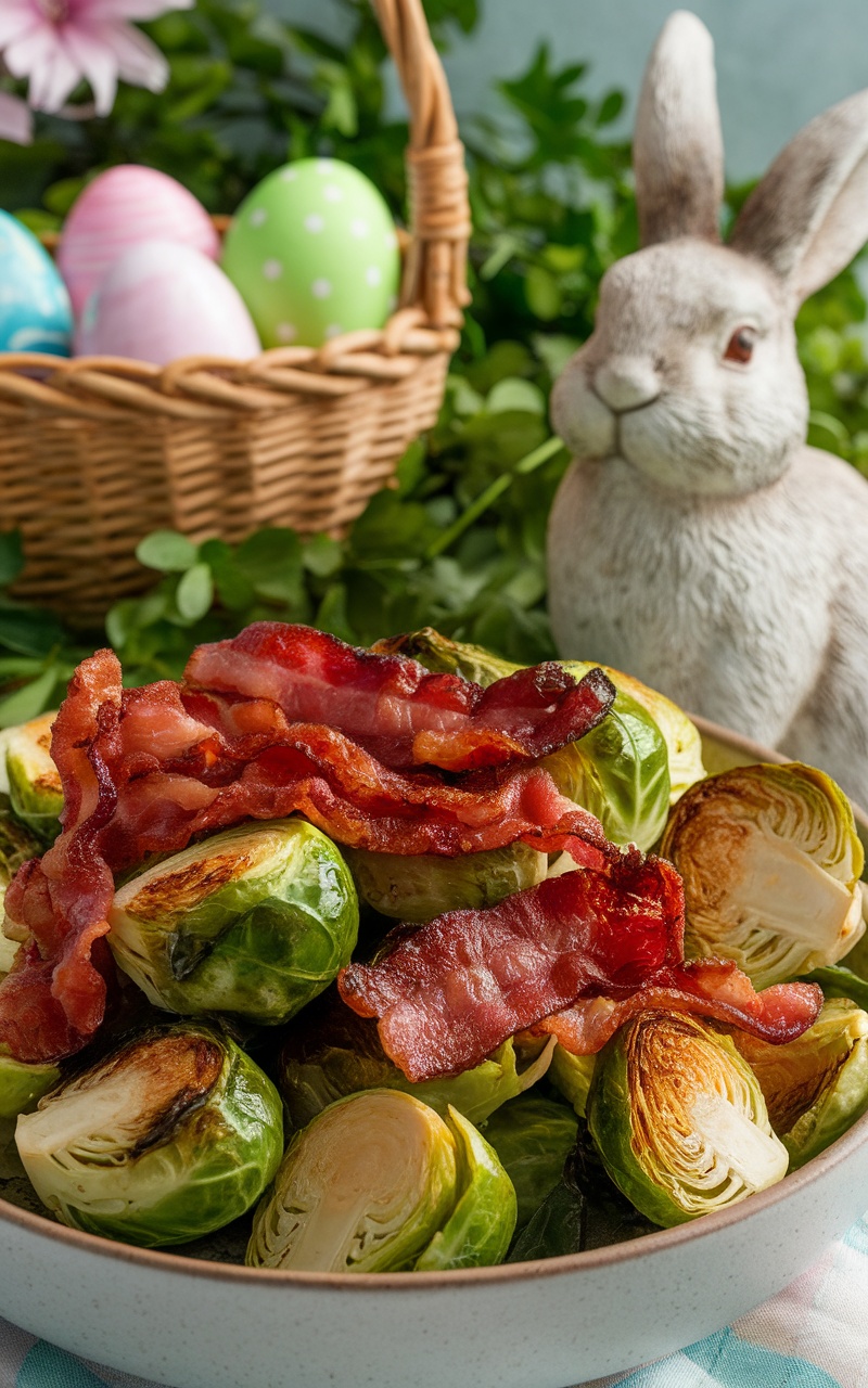 A bowl of roasted Brussels sprouts topped with crispy bacon, suitable for a keto Easter meal.