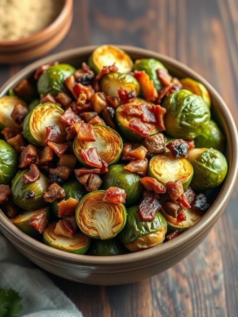 A bowl of roasted Brussels sprouts with chopped bacon, a delicious side dish for Easter dinner.