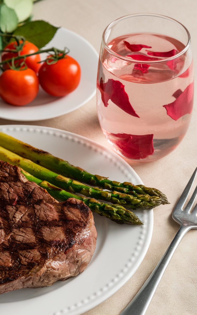 A glass of rose petal infused water with rose petals floating on top, accompanied by a plate of grilled steak and asparagus.