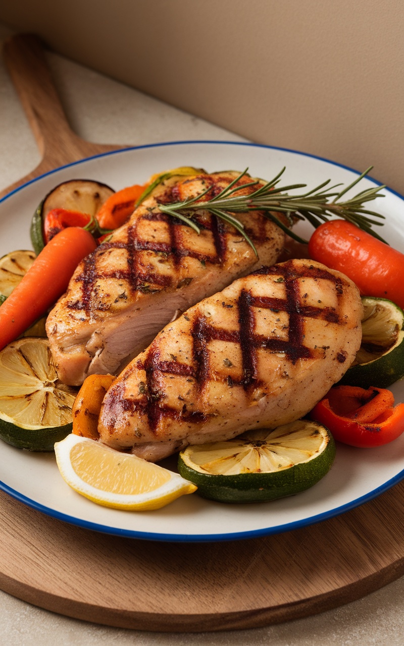 Grilled chicken with rosemary and lemon served with vegetables