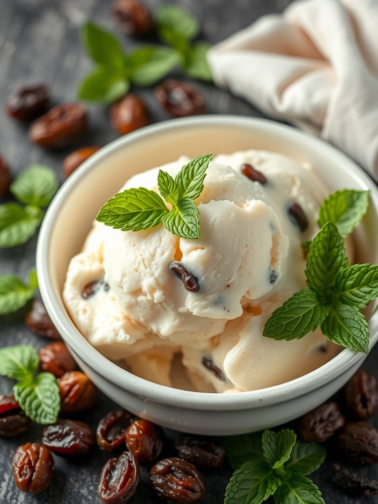 Delicious rum raisin ice cream with mint leaves.