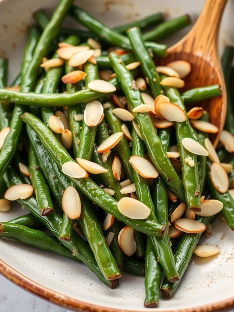 Sautéed garlic green beans garnished with sliced almonds