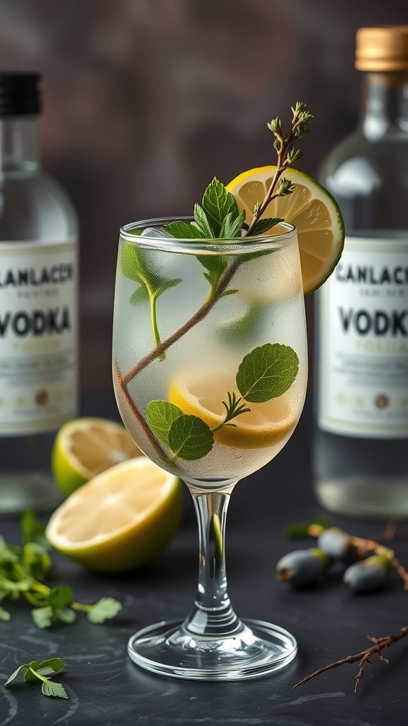 A refreshing glass of herb-infused vodka tonic garnished with mint and lemon.