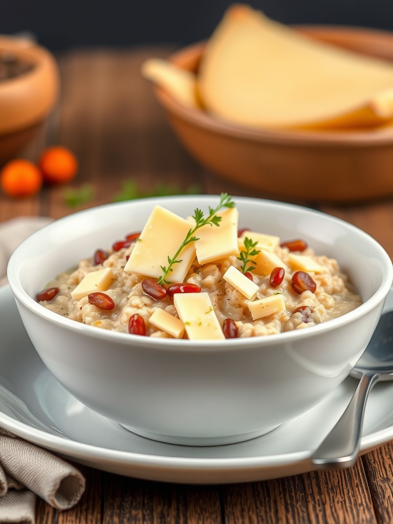 A bowl of savory oatmeal topped with cheese and nuts.