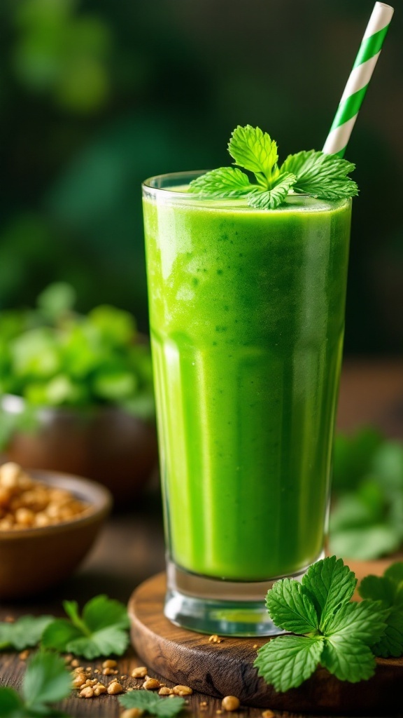 A green smoothie garnished with mint leaves