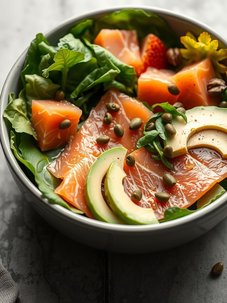 A vibrant bowl of smoked salmon salad with greens, avocado, and pumpkin seeds.