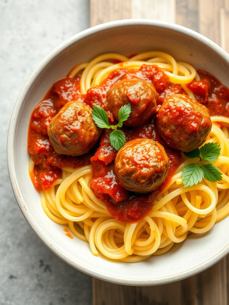 A bowl of spaghetti squash topped with meatballs and marinara sauce, garnished with fresh herbs.