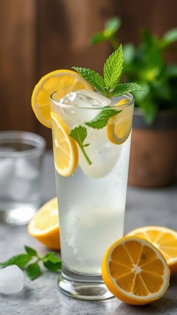 A refreshing glass of Sparkling Lemonade Vodka Cooler with lemon slices and mint