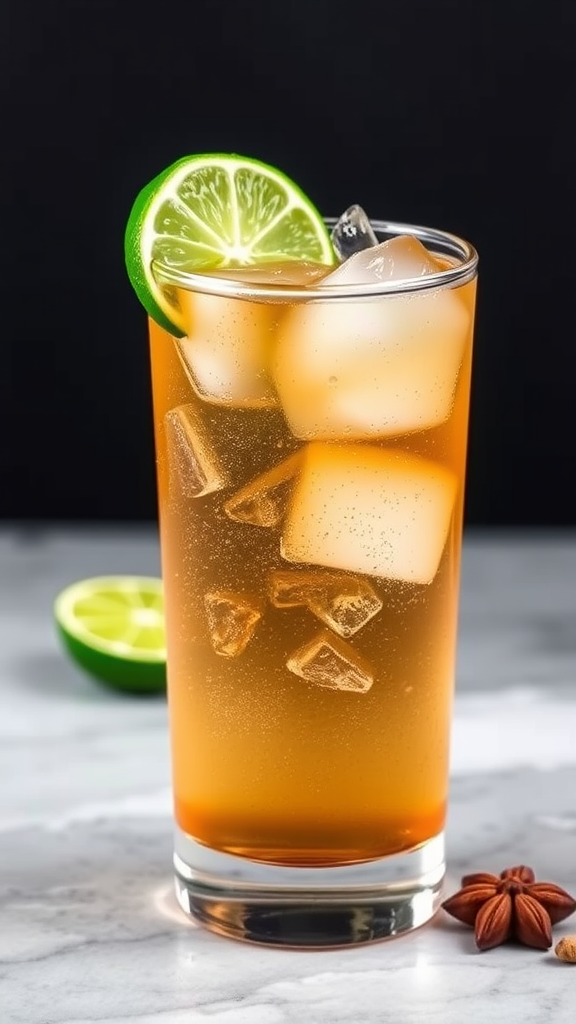 A refreshing glass of spiced rum mixed with diet ginger ale, garnished with a lime wedge.