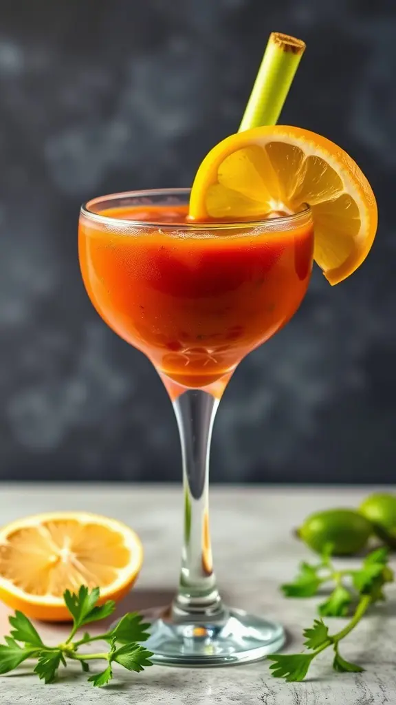 A Spicy Bloody Mary cocktail garnished with a celery stick and a lemon slice.