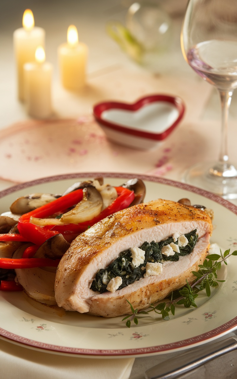 A plate of spinach and feta stuffed chicken served with roasted vegetables and a romantic table setting.