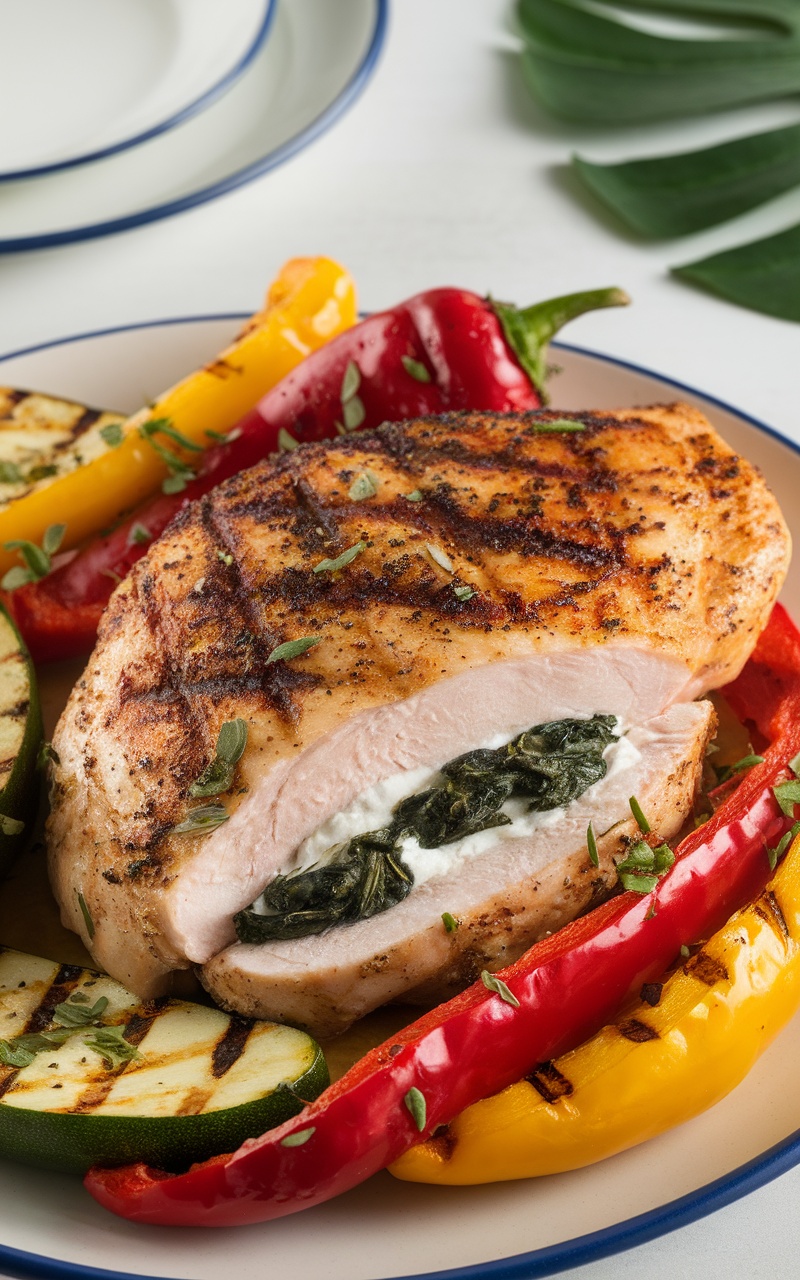 Delicious spinach and ricotta stuffed chicken breast served with grilled vegetables.