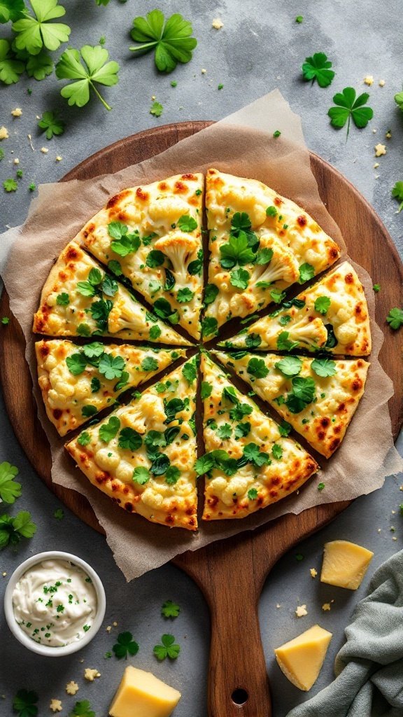 Delicious cauliflower pizza topped with cheese and herbs for St. Patrick's Day.