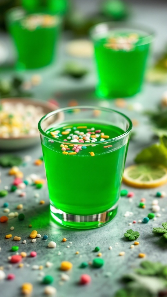 Festive green jello shots with sprinkles for St. Patrick's Day