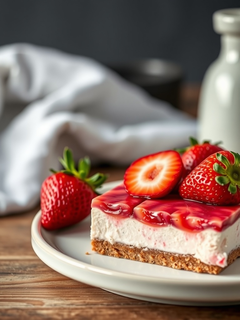 Delicious strawberry cheesecake bars on a plate with fresh strawberries