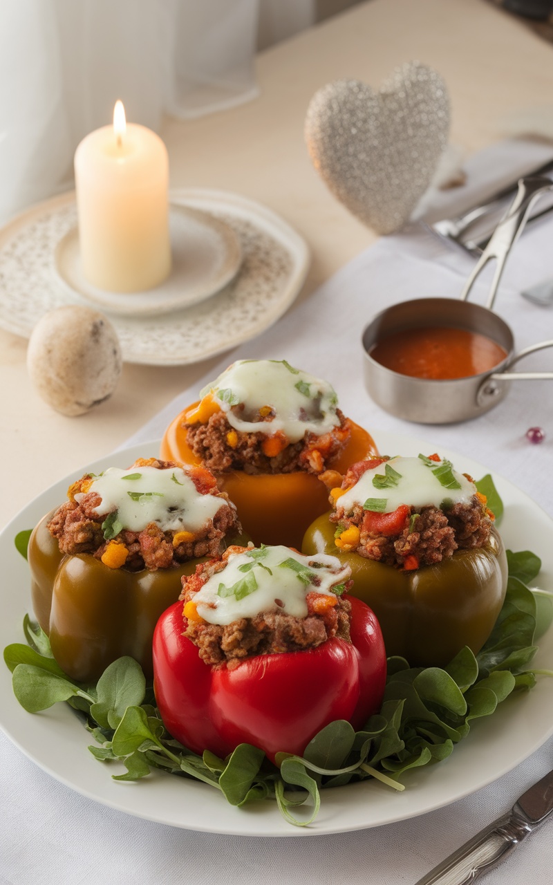 Stuffed bell peppers arranged beautifully on a plate, ready for a romantic dinner.