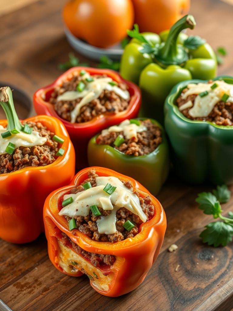 Colorful stuffed bell peppers filled with a savory mixture.