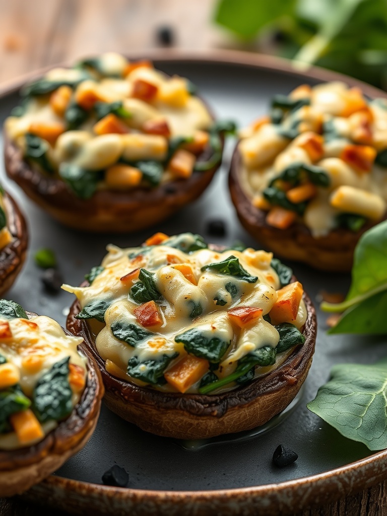 Stuffed Portobello mushrooms topped with cheese and vegetables.