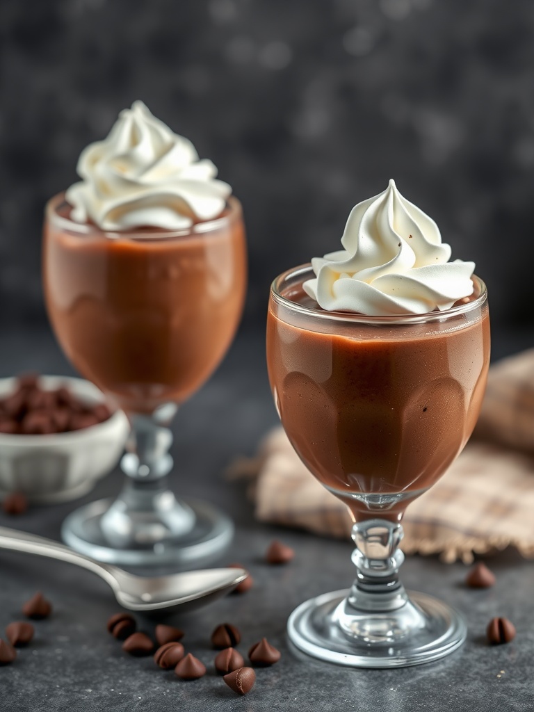 Delicious sugar-free chocolate mousse in elegant glasses, topped with whipped cream.