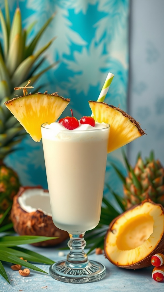 A refreshing tropical coconut rum punch garnished with pineapple and cherries.