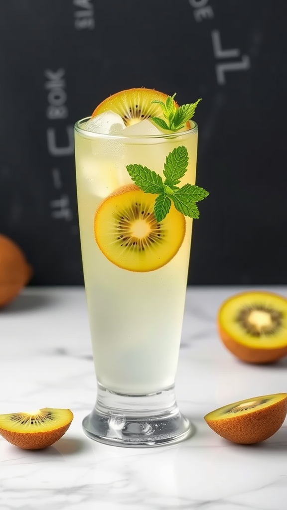 A refreshing Tropical Kiwi Vodka Fizz cocktail garnished with kiwi slices and mint leaves, served in a tall glass.