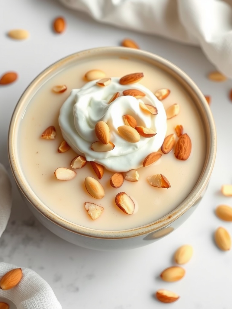 Vanilla almond pudding garnished with whipped cream and sliced almonds