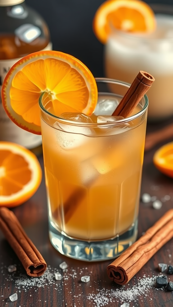 A refreshing Vanilla Cinnamon Whiskey Sour cocktail garnished with a cinnamon stick and an orange slice.