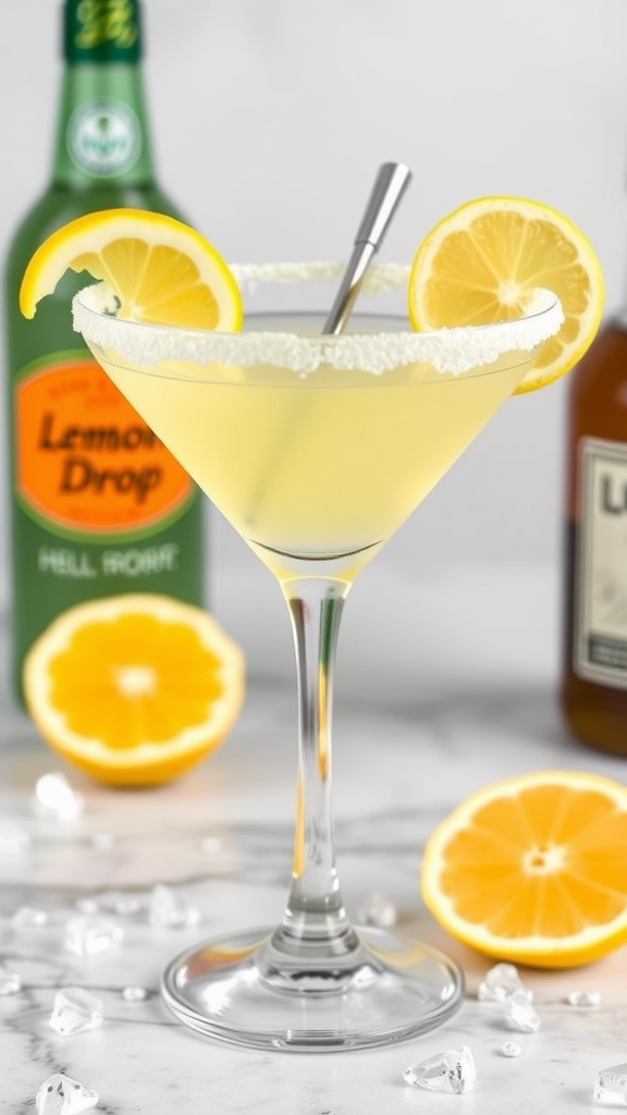 A zesty lemon drop martini garnished with a lemon slice.