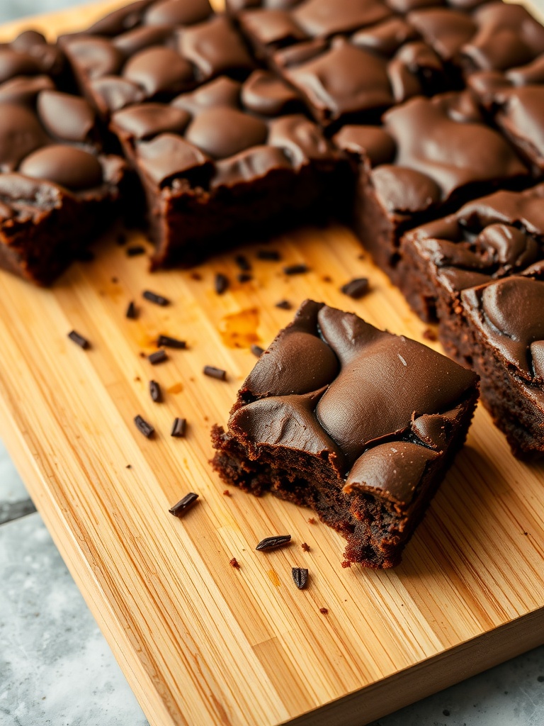 Delicious keto zucchini brownies on a wooden cutting board.