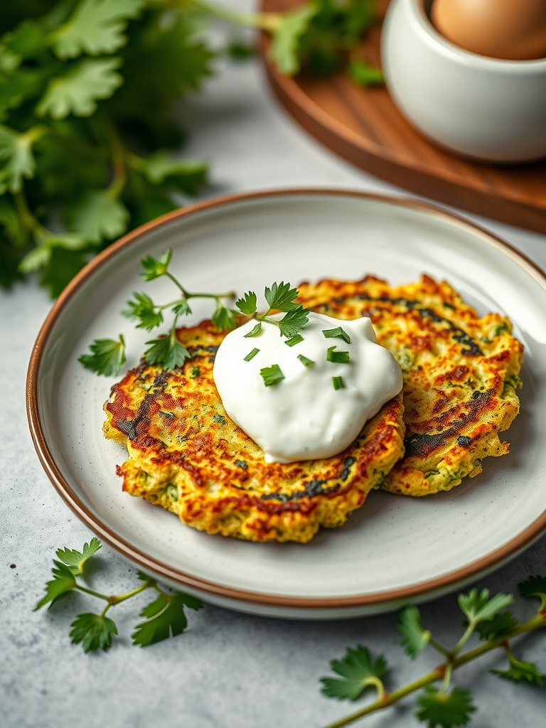 Zucchini fritters served with herbs and sour cream on a plate.