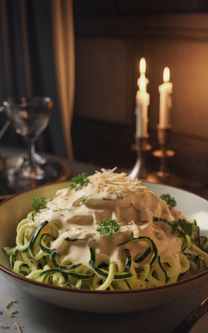 Zucchini Noodle Alfredo served with a creamy sauce and garnished with parsley, perfect for a romantic Valentine's Day dinner.