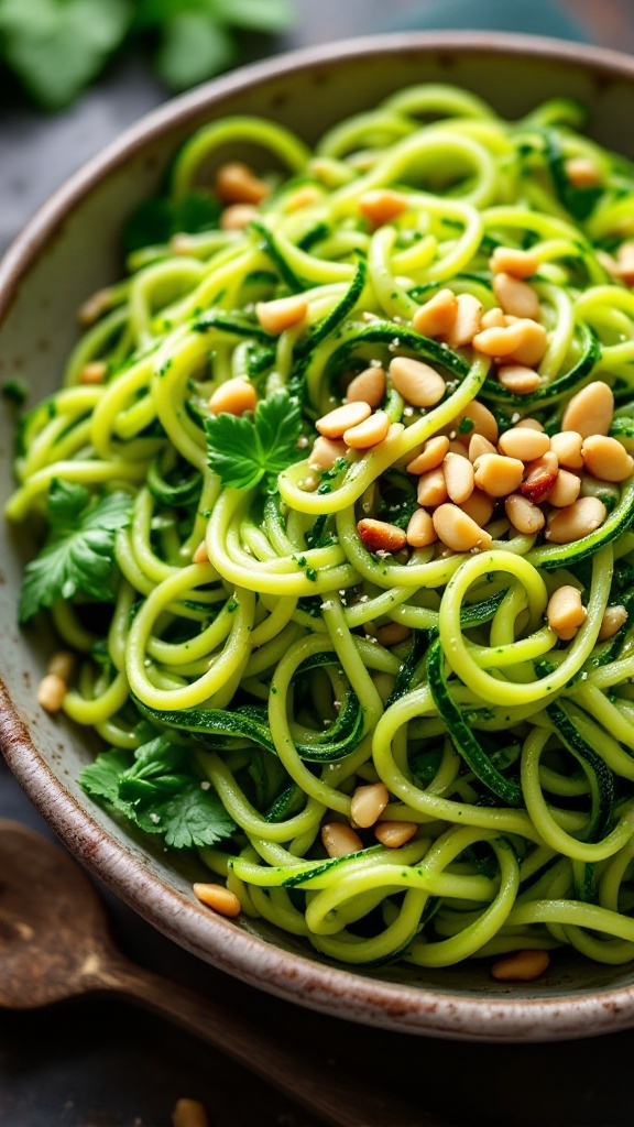 A bowl of zucchini noodles topped with pesto and pine nuts.