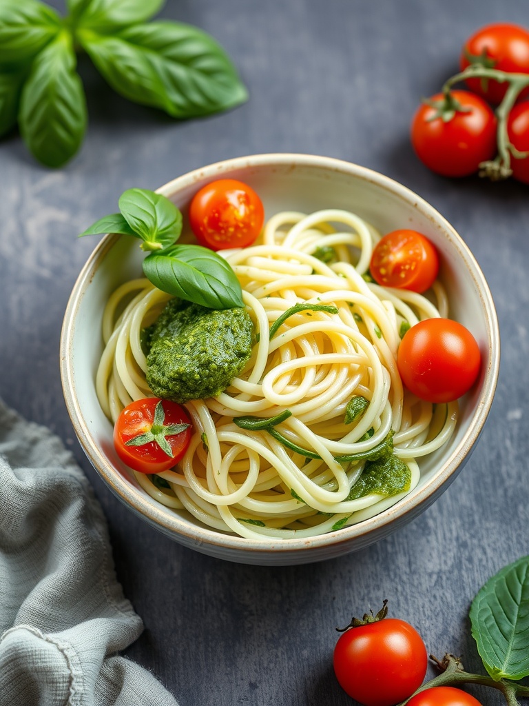 A bowl of zucchini noodles tossed in pesto with cherry tomatoes on top.