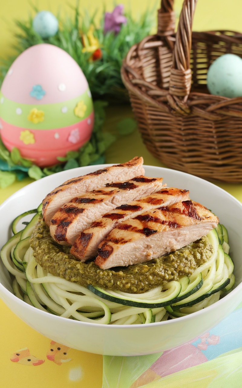 Zucchini noodles topped with grilled chicken and pesto