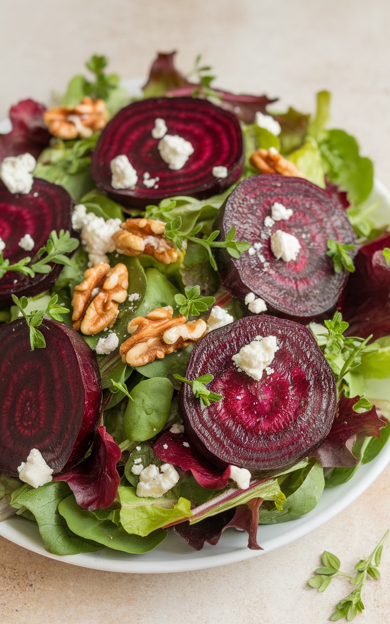 A colorful Keto Beetroot Salad with roasted beets, mixed greens, feta cheese, and walnuts on a light backdrop.