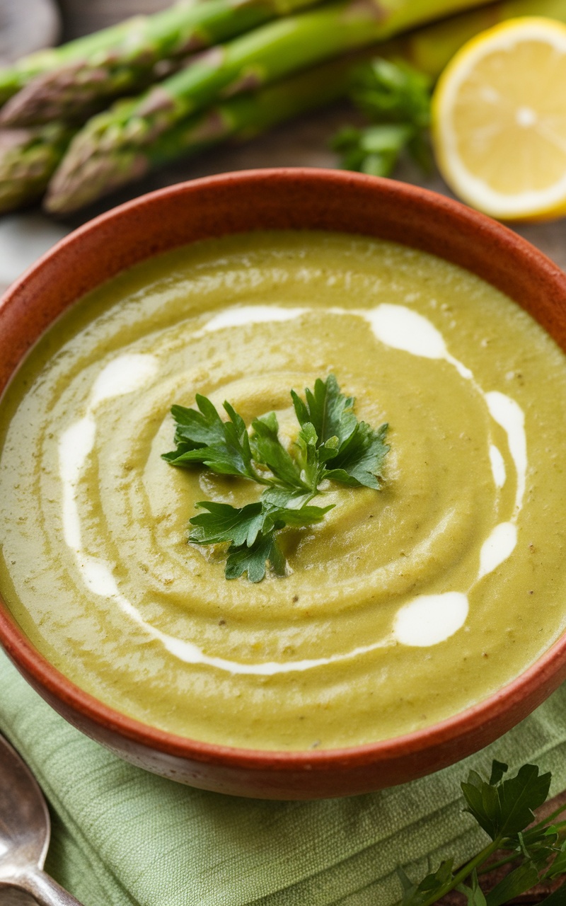 Creamy asparagus soup in a bowl, garnished with parsley and swirled cream, on a rustic table with asparagus and lemon.