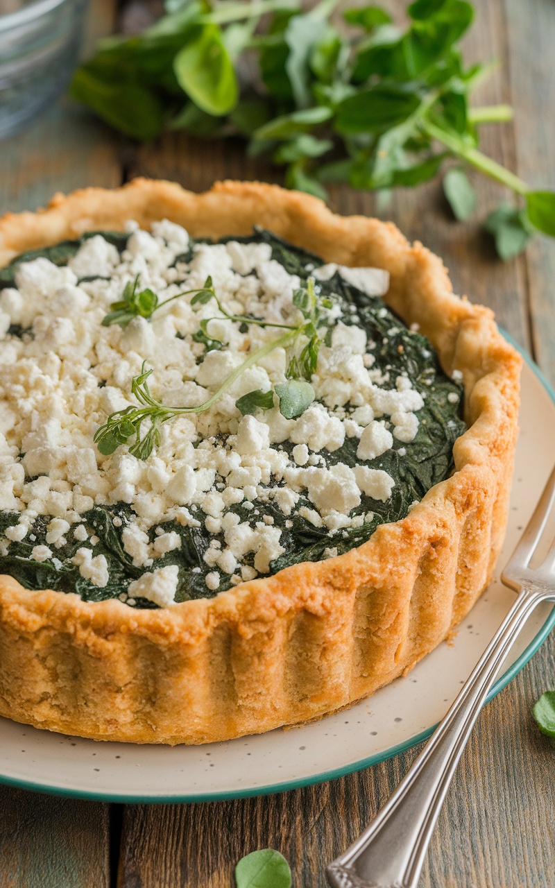 A slice of keto spinach and feta pie on a plate with a golden crust, garnished with herbs.