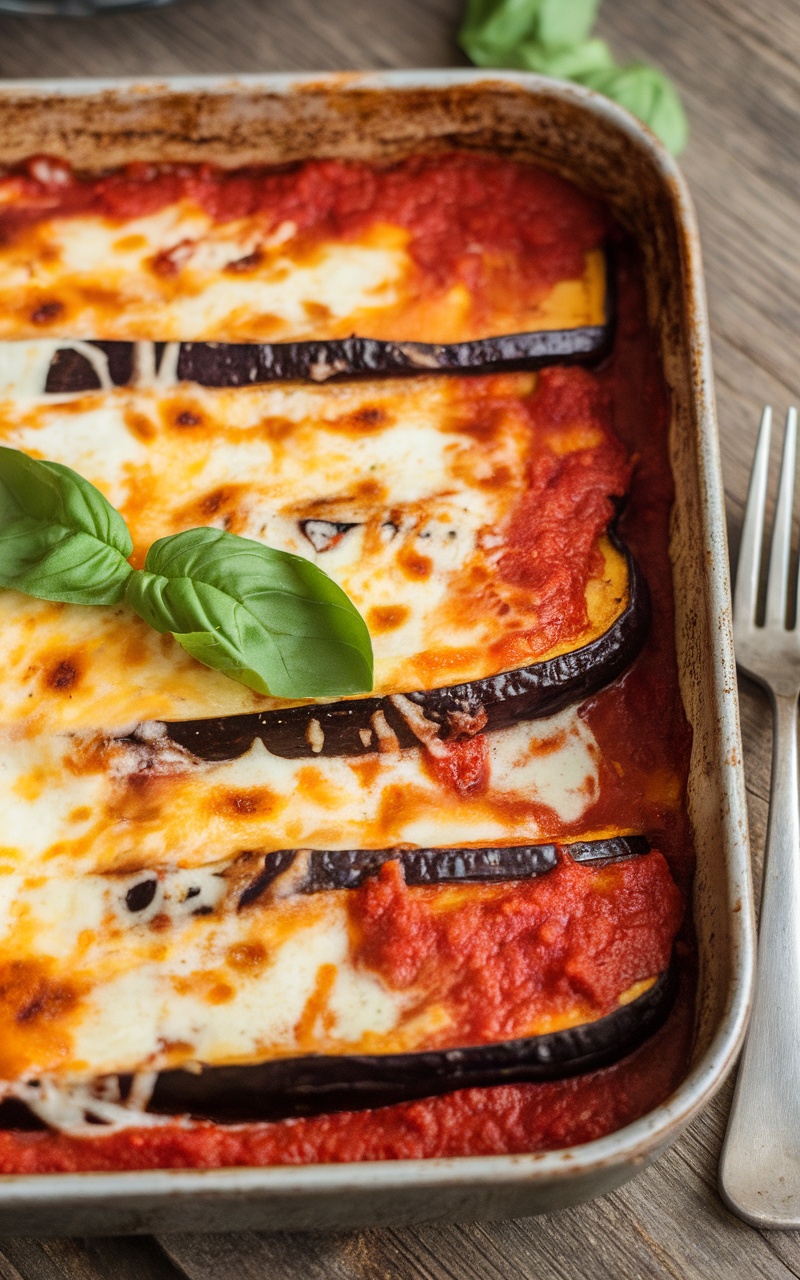 Keto Aubergine Bake with melted cheese, marinara sauce, and basil, served in a rustic dish.