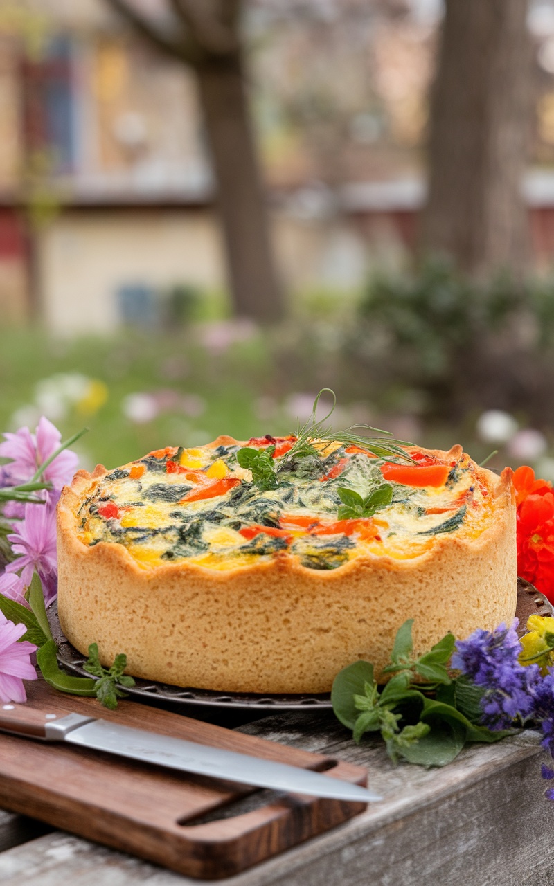 A golden crustless quiche with spinach and bell peppers, garnished with herbs on a rustic table.