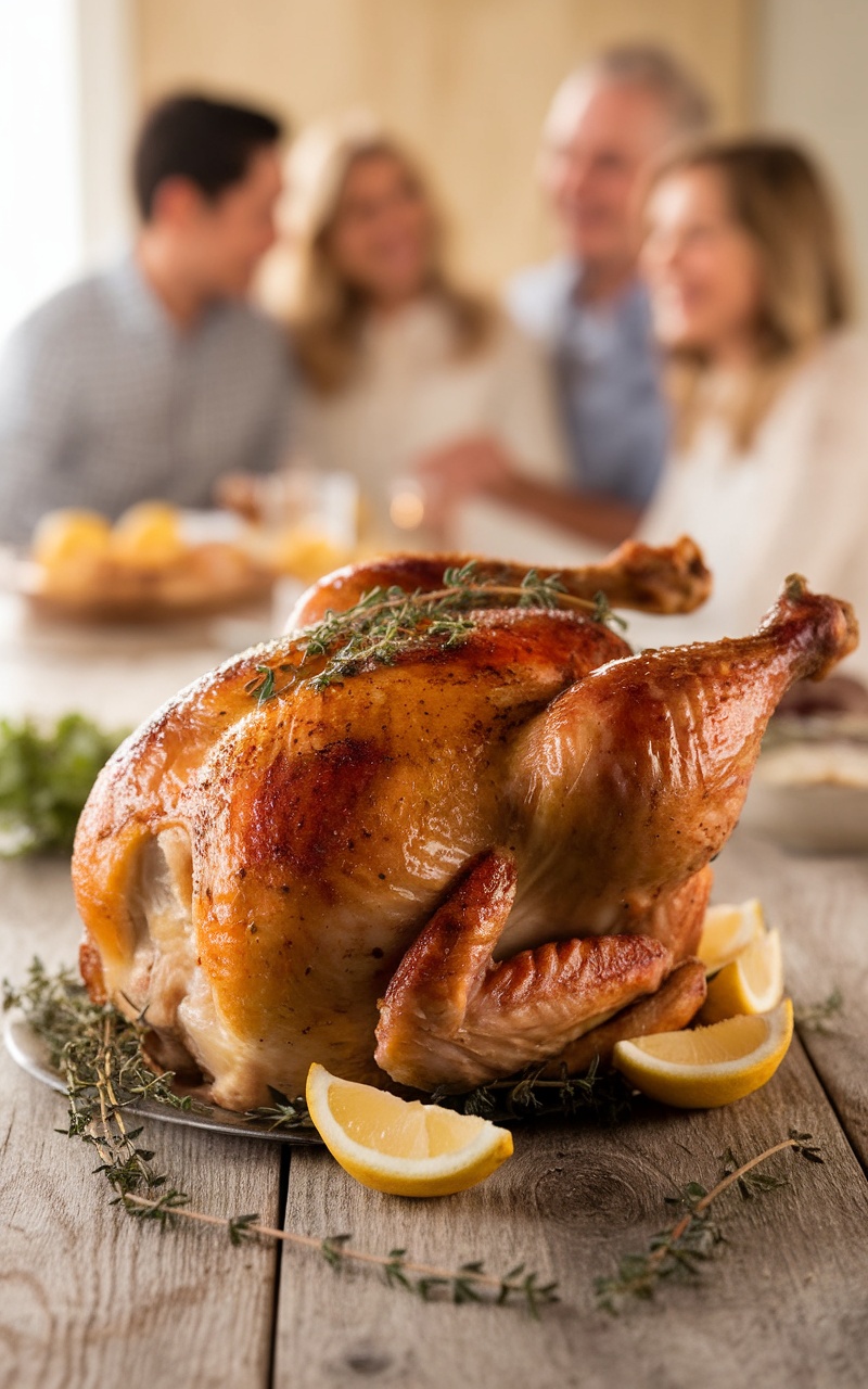 A perfectly roasted whole chicken garnished with thyme and lemon on a rustic table.