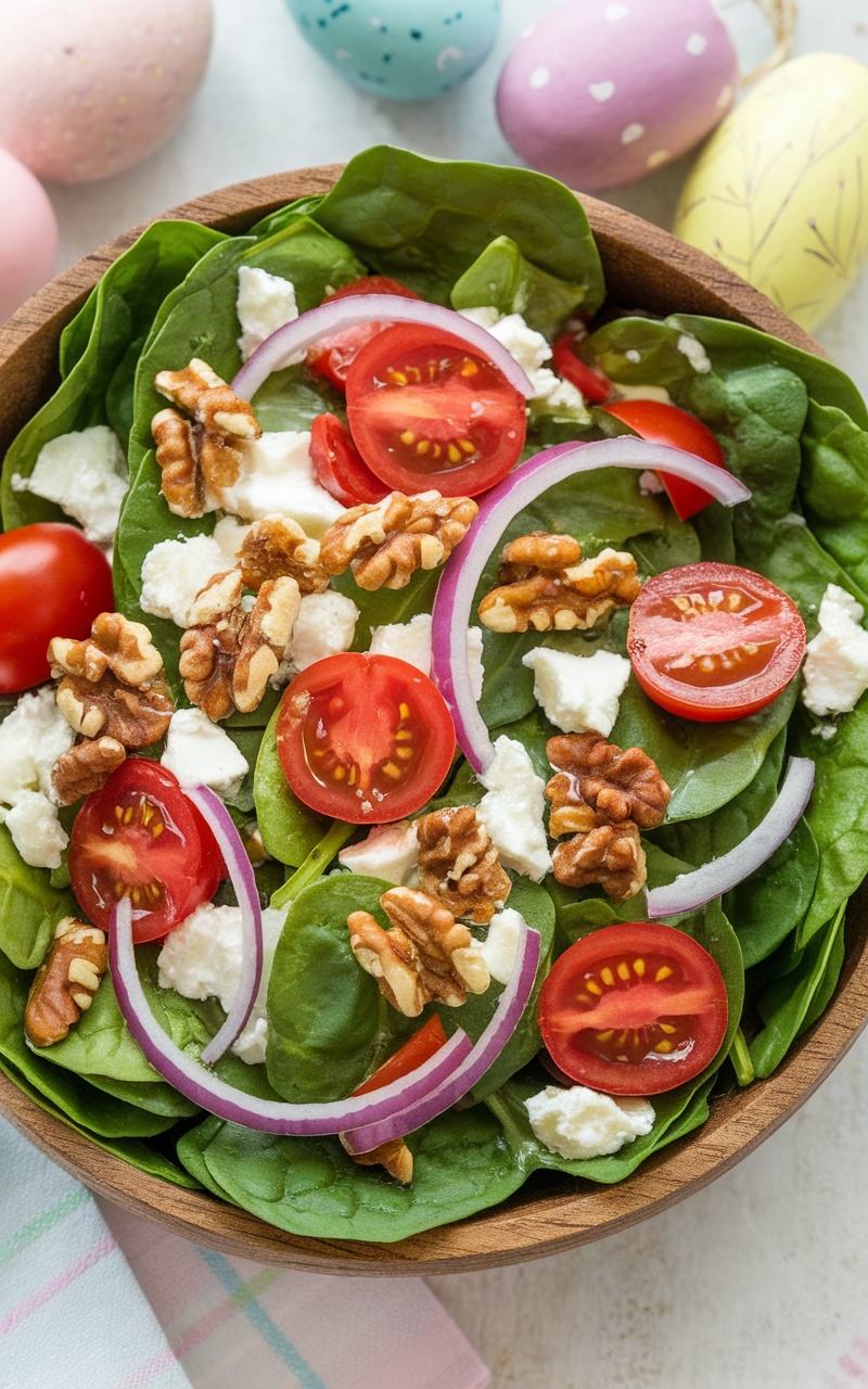 A colorful Keto Easter Spinach Salad with goat cheese, walnuts, and tomatoes in a rustic bowl.