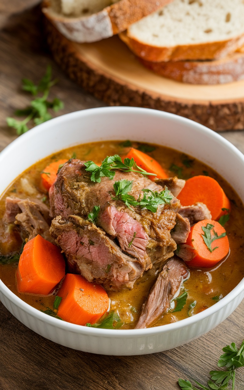 A hearty bowl of lamb shoulder stew with vegetables and herbs on a rustic table with bread.