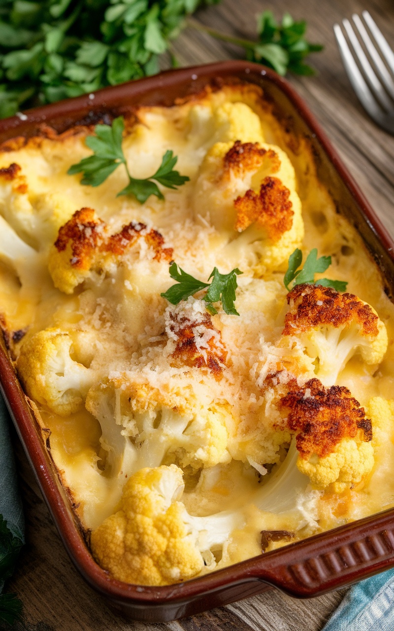 Keto Cauliflower Cheese Bake with golden bubbling cheese, garnished with parsley.