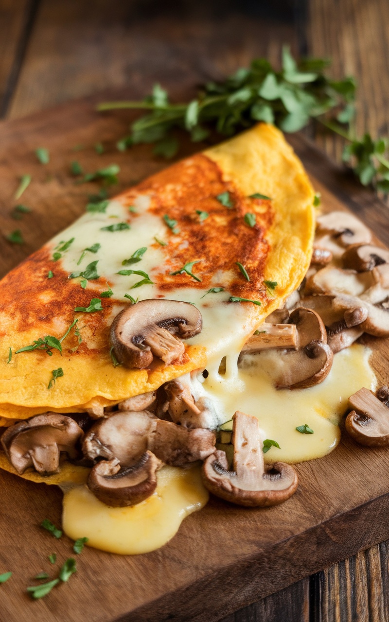 A golden-brown keto mushroom omelette filled with cheese and garnished with fresh herbs.