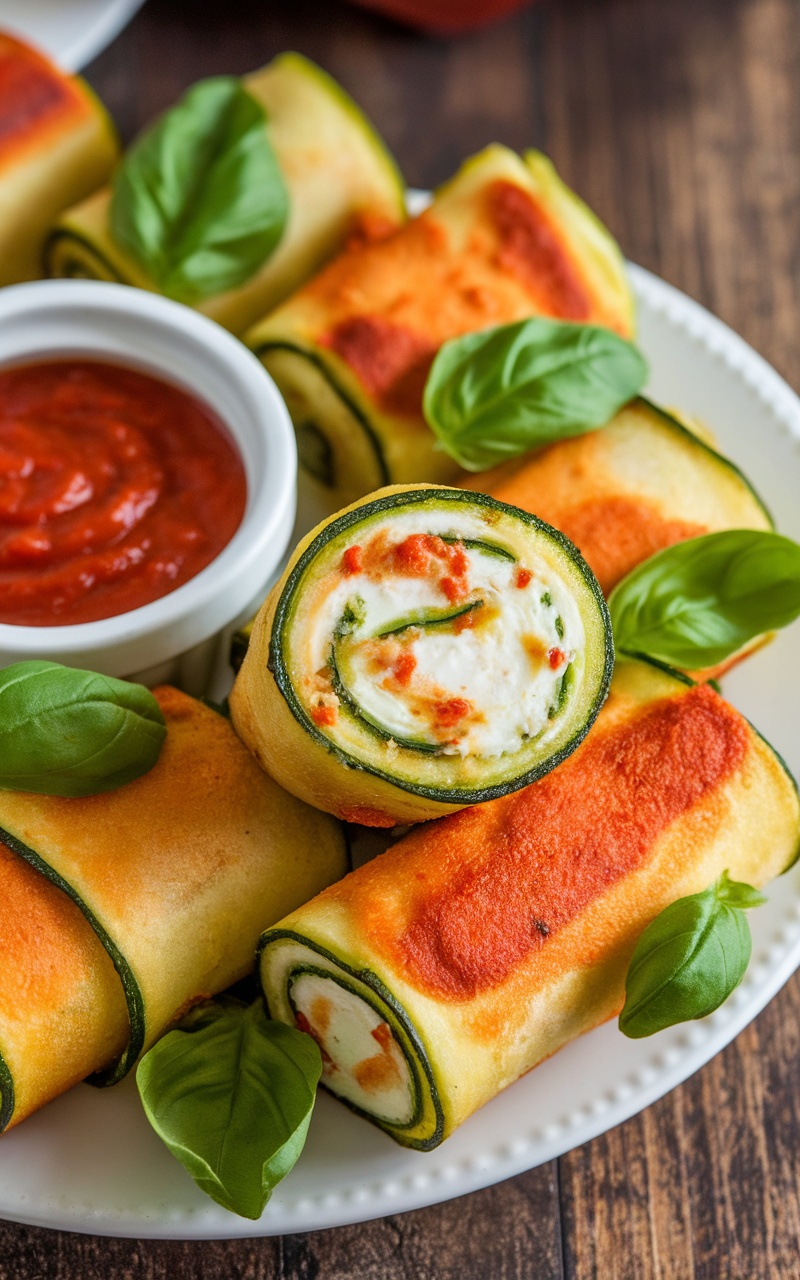 Keto Courgette Roll-Ups filled with cheese and herbs, served with marinara sauce on a rustic table.