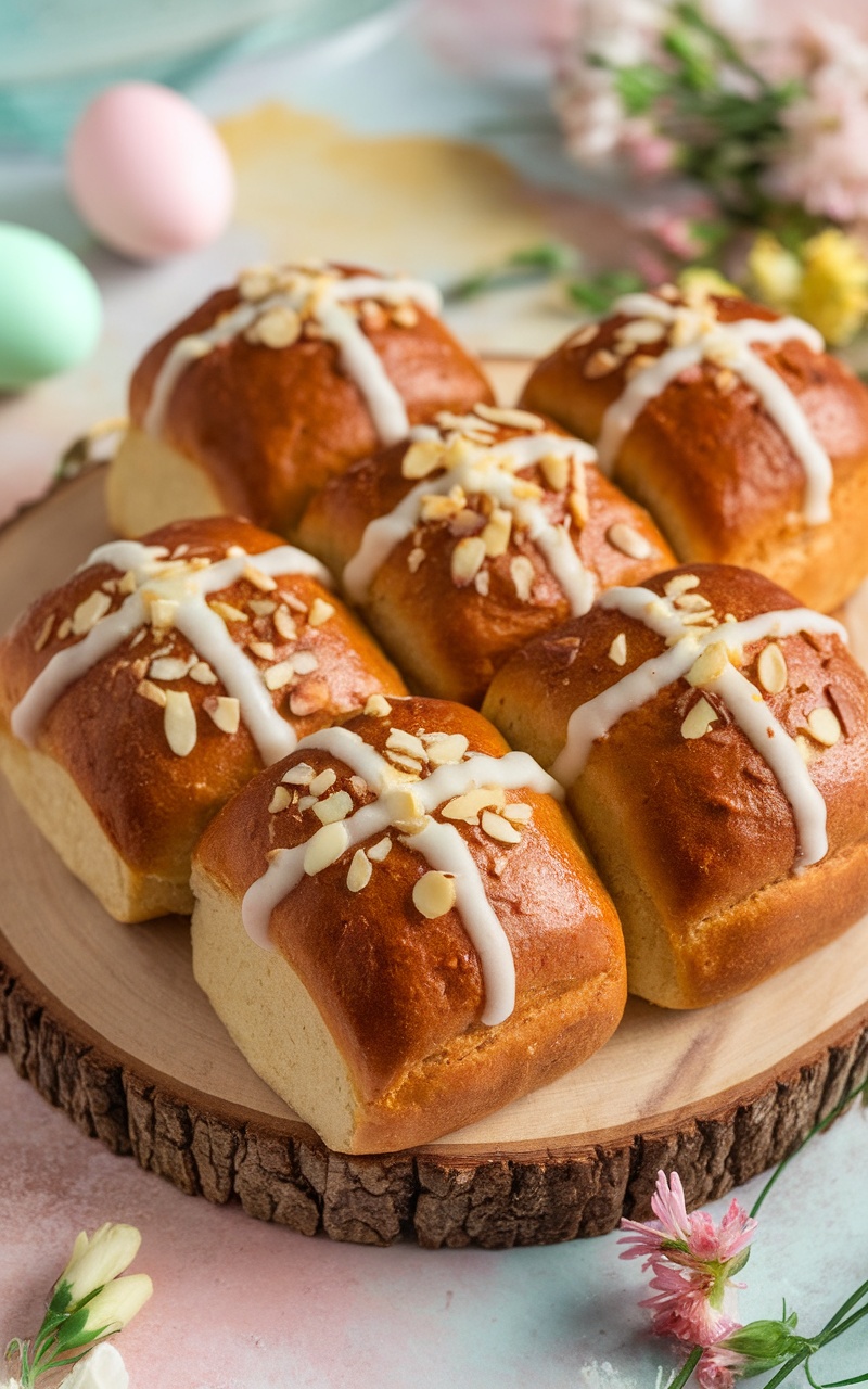 Keto Almond Hot Cross Buns with glaze cross and almond topping on a wooden platter.