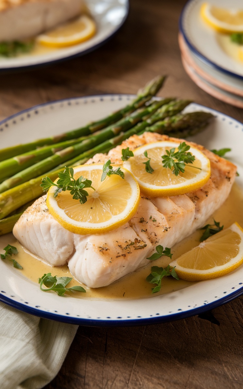 Baked cod fillet with lemon butter sauce, garnished with lemon slices and parsley, served with asparagus.