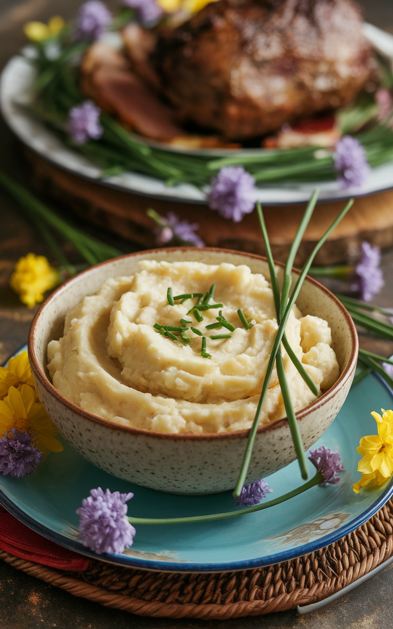 Creamy cauliflower mash in a bowl, garnished with chives, on a rustic table with Easter decorations.